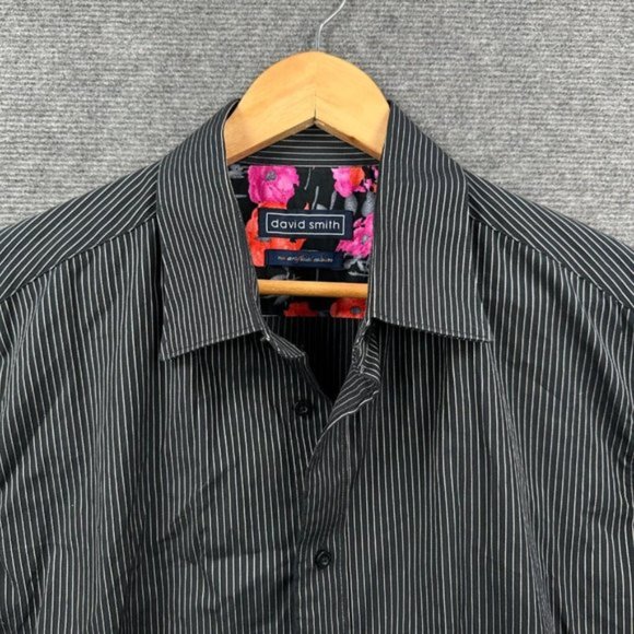 David Smith Shirt Mens Extra Large Black Striped Floral Button Up Modern Comfort - Picture 2 of 9